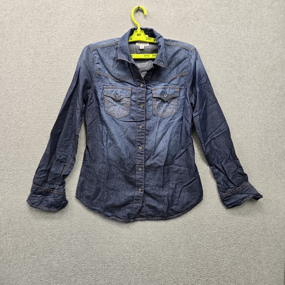 True Religion Women Button Up Shirt S/P Blue Denim Western Collared READ